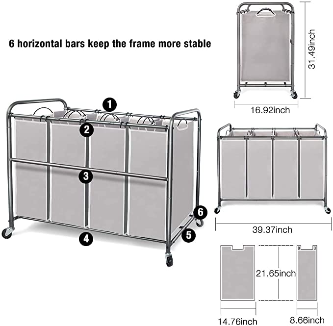 3 Section Laundry Sorter, 3 Bag Laundry Hamper Cart with Heavy