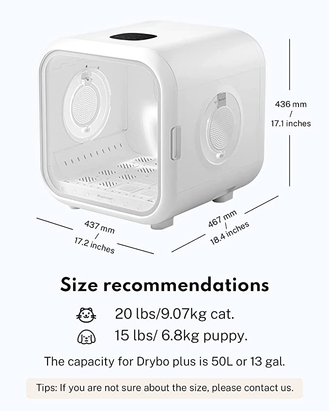 Drybo Plus - Homerunpet Automatic Pet Dryer for Cats and Small Dogs - Ultra Quiet Dog Hair Dryer with Smart Temperature Control and 360 Drying