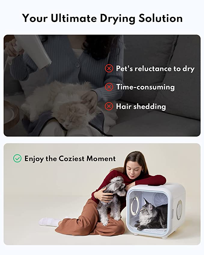 Drybo Plus - Homerunpet Automatic Pet Dryer for Cats and Small Dogs - Ultra Quiet Dog Hair Dryer with Smart Temperature Control and 360 Drying