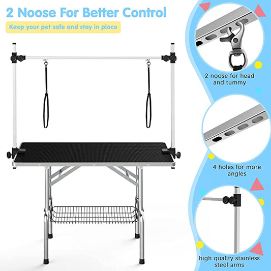 Lyromix Adjustable Pet Large Foldable Dog Grooming Table with Arms, Noose, Mesh Tray, Maximum Capacity Up to 330Lb, 36inch, Dark Black