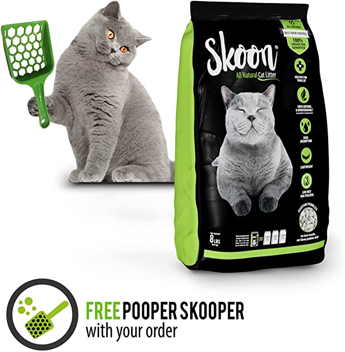 Skoon All-Natural Cat Litter + Free Pooper Skooper, Non-Tracking, Non-Clumping, Low Maintenance, Eco-Friendly - Absorbs, Locks and Seals Liquids for Best Odor Control
