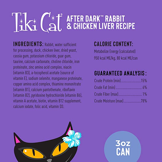 TIKI PETS Cat After Dark Canned Wet Food Pate Grain Free with Organ Meats, Rabbit and Chicken Liver Recipe, 12 cans 3oz