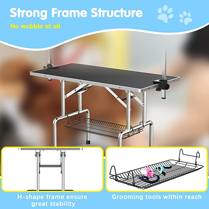 Lyromix Adjustable Pet Large Foldable Dog Grooming Table with Arms, Noose, Mesh Tray, Maximum Capacity Up to 330Lb, 36inch, Dark Black